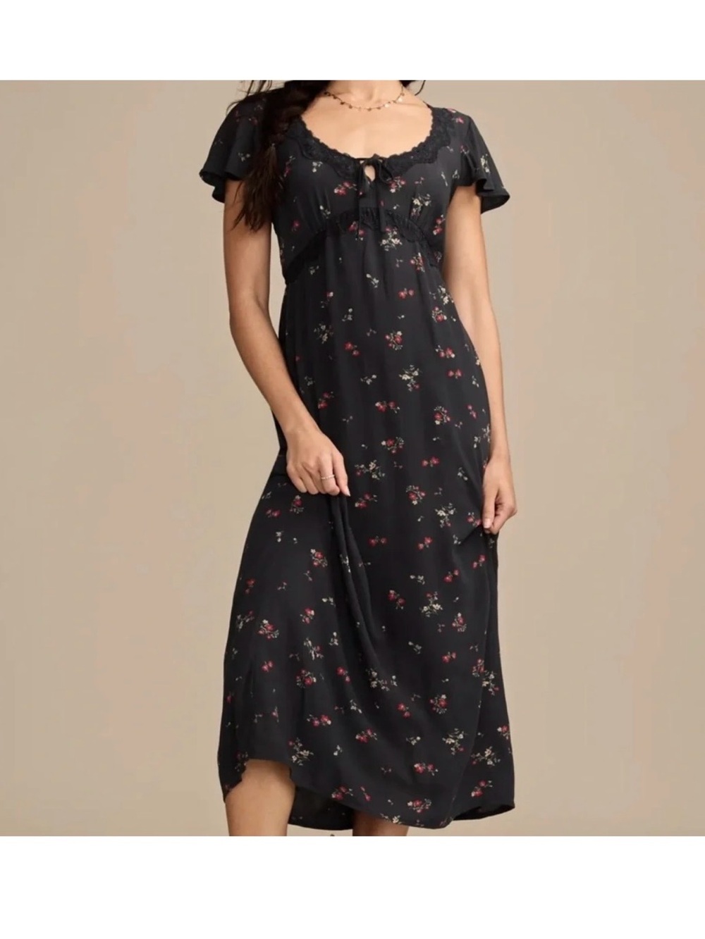 Lucky Brand Black Floral Maxi Dress with Lace Detail and Side Zip